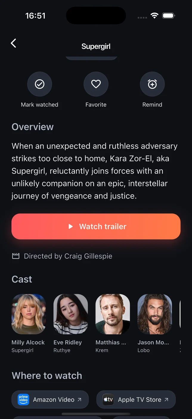 A film's detail screen in flixave: overview, trailer button, cast and the services it streams on