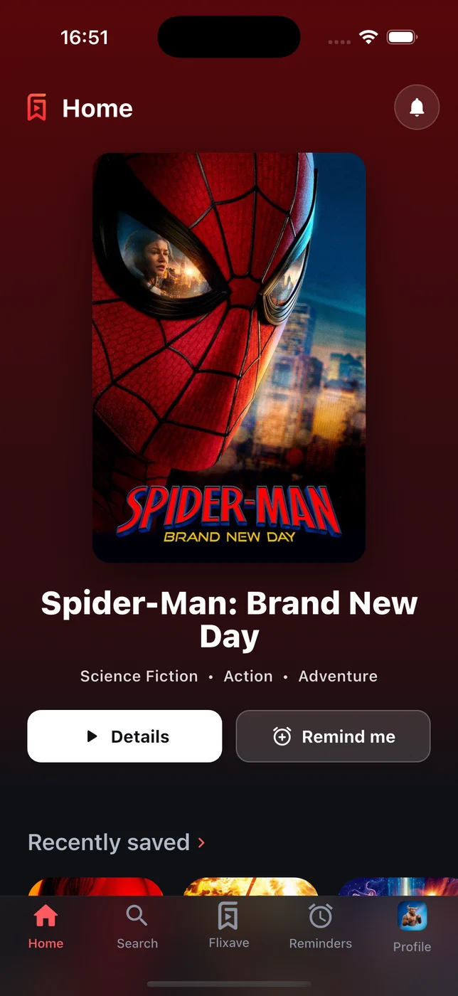 The flixave home screen, with a saved film shown large and recently saved titles below