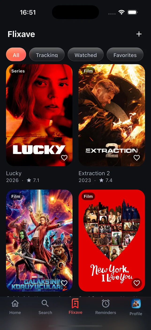 The flixave library: a grid of saved films and series with All, Tracking, Watched and Favorites filters