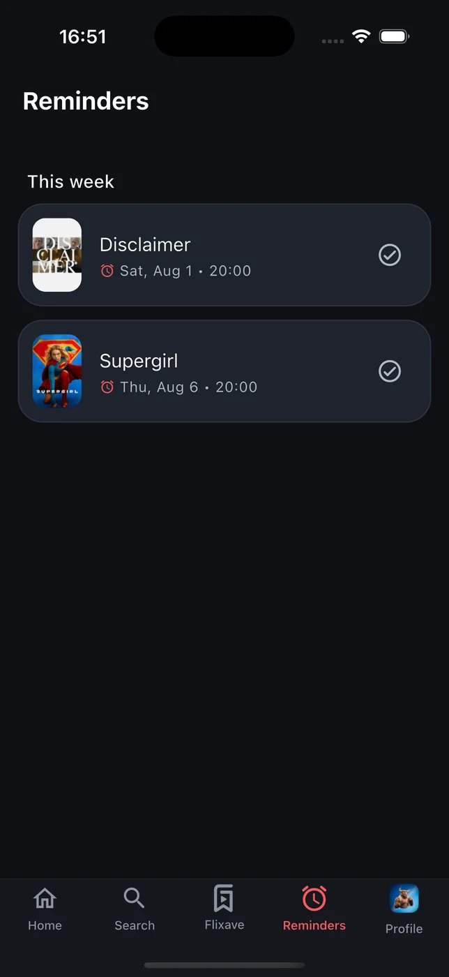 The reminders screen in flixave, listing what to watch this week