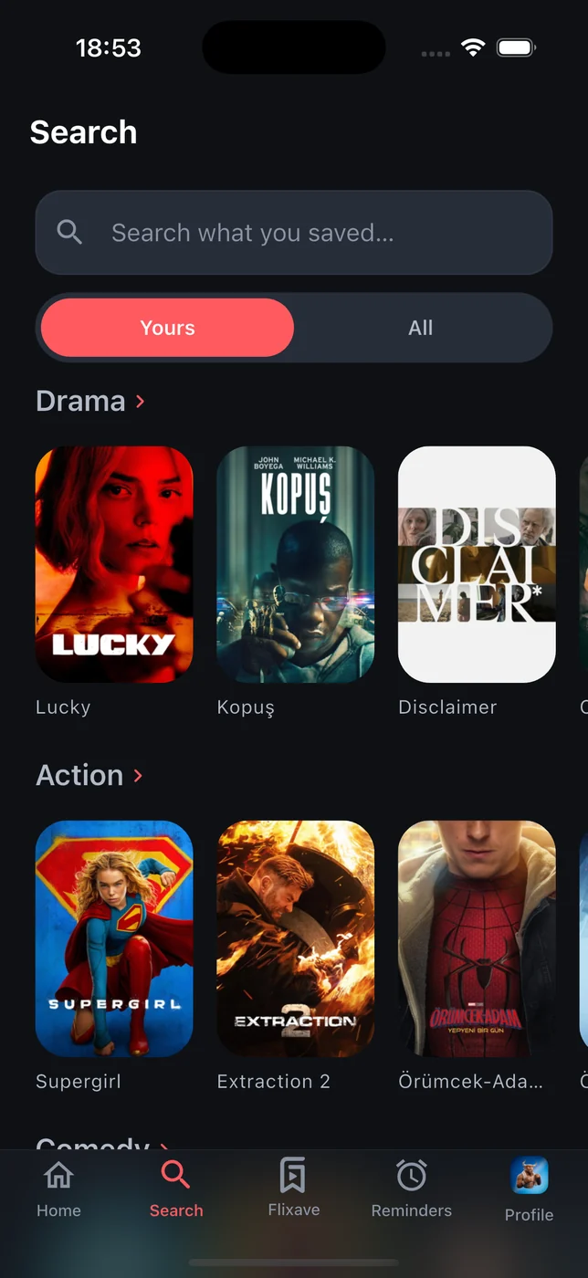 Search in flixave, with saved titles grouped by genre